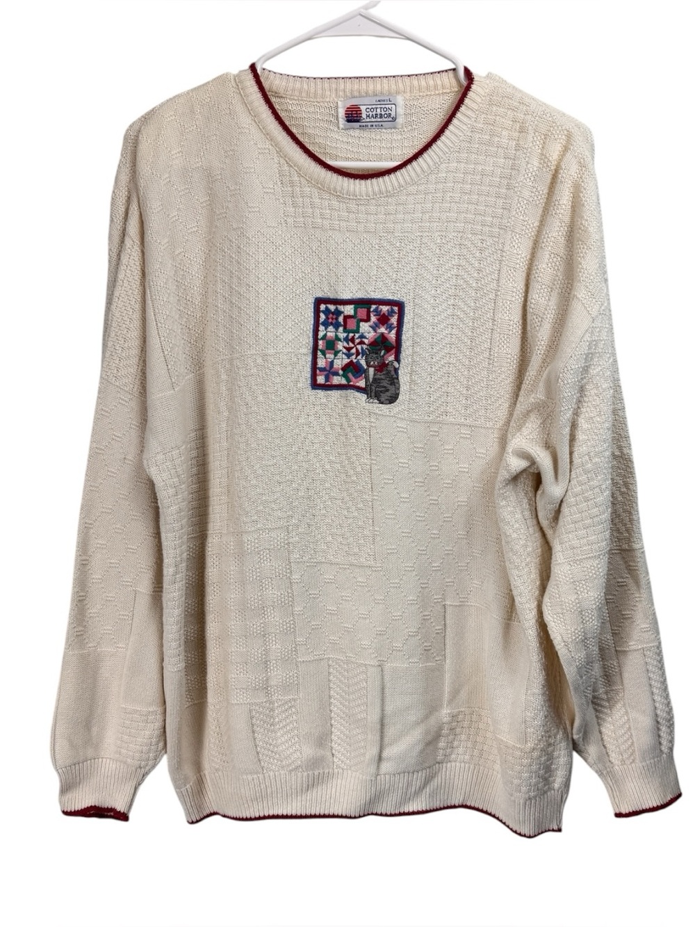 Vintage 90s Size Large Sweater Embroidered Quilt CAT Patchwork Texture Grandma